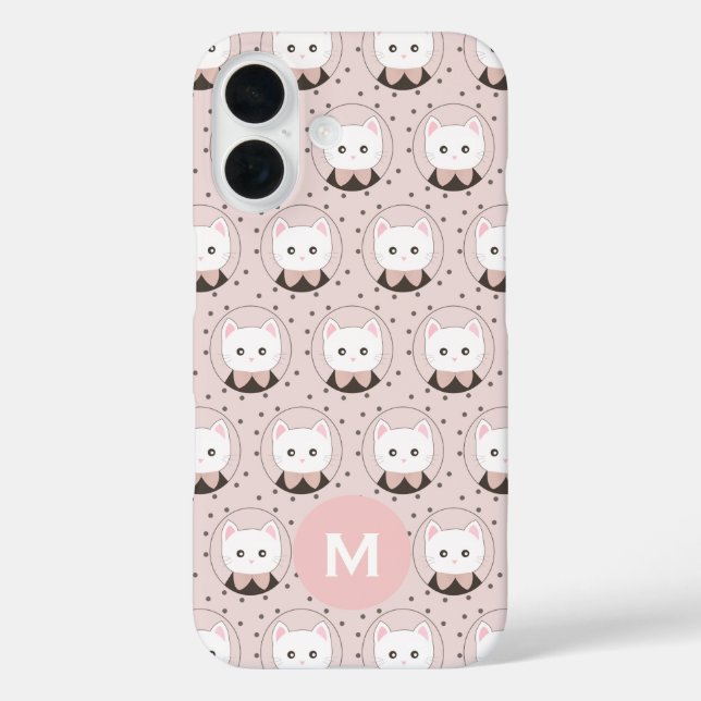 Cute Cat Face Pink Dotty Pattern Monogram Case-Mate iPhone Case (Back)