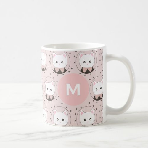 Cute Cat Face Pink Dotty Pattern Monogram Coffee Mug