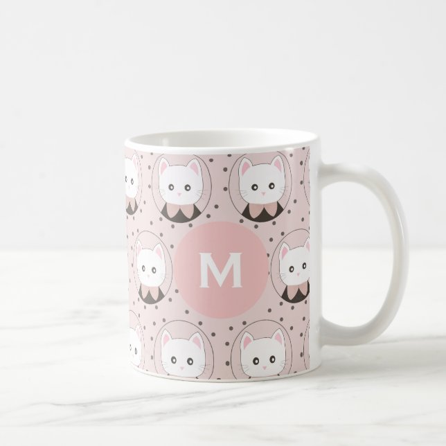 Cute Cat Face Pink Dotty Pattern Monogram Coffee Mug (Right)