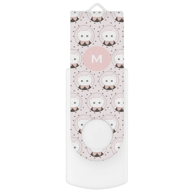Cute Cat Face Pink Dotty Pattern Monogram Flash Drive (Front Vertical)