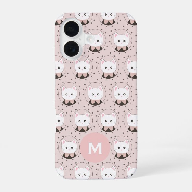 Cute Cat Face Pink Dotty Pattern Monogram Iphone Case (Back)