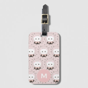 Cute Cat Face Pink Dotty Pattern Monogram Luggage Tag