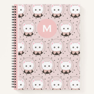 Cute Cat Face Pink Dotty Pattern Monogram Notebook