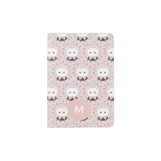 Cute Cat Face Pink Dotty Pattern Monogram Passport Holder (Front)