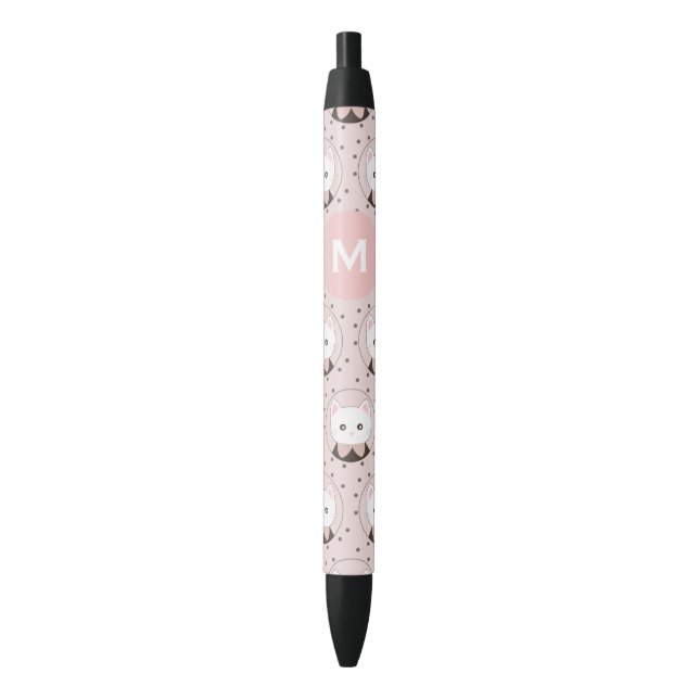 Cute Cat Face Pink Dotty Pattern Monogram Pen (Front Vertical)