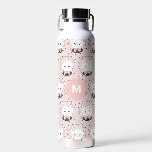 Cute Cat Face Pink Dotty Pattern Monogram Water Bottle