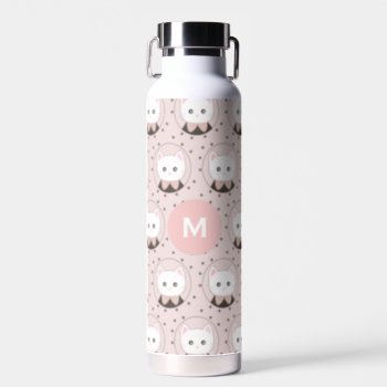 Cute Cat Face Pink Dotty Pattern Monogram Water Bottle by DippyDoodle at Zazzle
