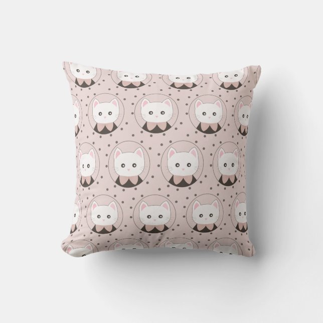 Cute Cat Face Pink Dotty Pattern Throw Pillow (Front)