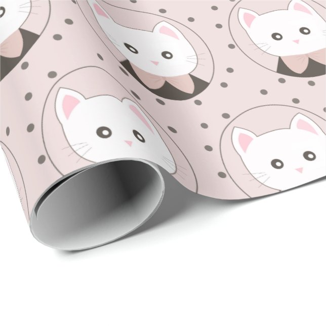 Cute Cat Face Pink Dotty Pattern Wrapping Paper (Roll Corner)