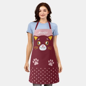 Cute Cat Face Polka Dots Changeable Colors Apron by UrHomeNeeds at Zazzle