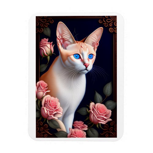 Cute Cat Face Portrait and Rose Flower Gift Magnet
