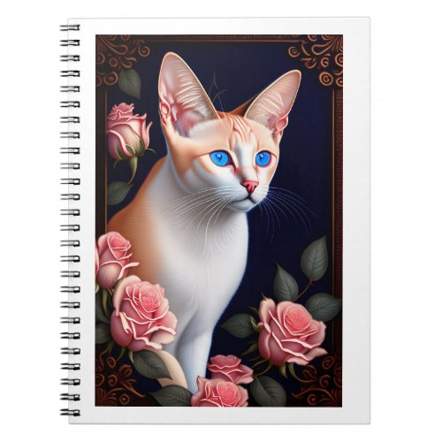 Cute Cat Face Portrait and Rose Flower Gift Notebook