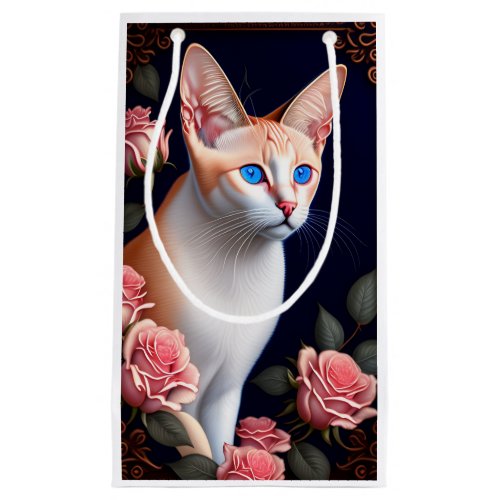 Cute Cat Face Portrait and Rose Flower Gift Small Gift Bag