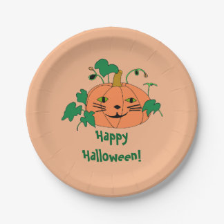 Cute Cat Face Pumpkin Happy Halloween Plates