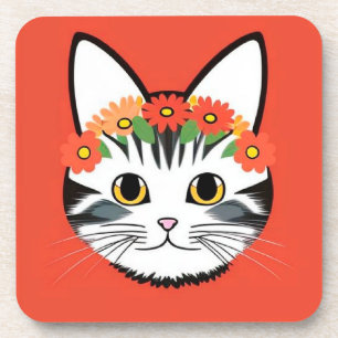 Cute Cat Face Vibrant Illustration Beverage Coaster
