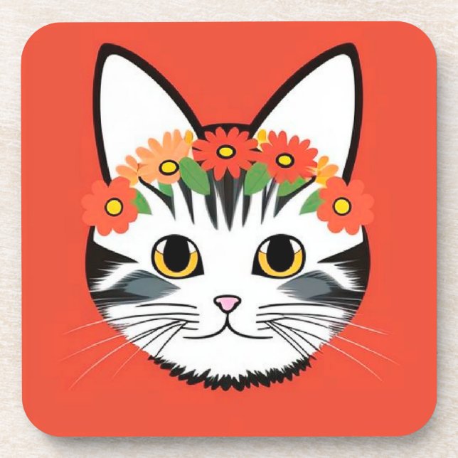 Cute Cat Face Vibrant Illustration Beverage Coaster (Front)