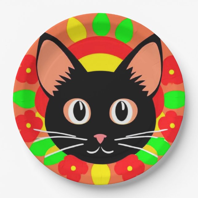 Cute Cat Face Vibrant Illustration Paper Plates (Front)