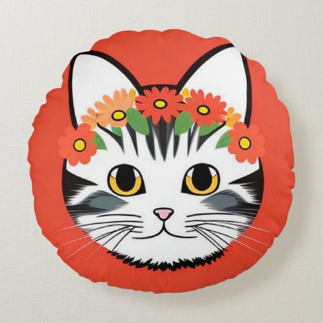 Cute Cat Face Vibrant Illustration Round Pillow (Front)