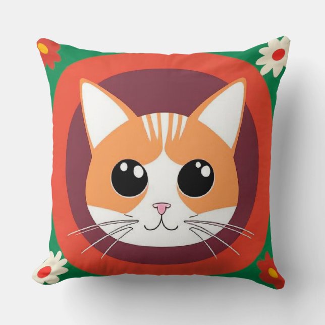 Cute Cat Face Vibrant Illustration Throw Pillow (Front)