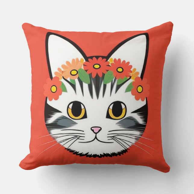 Cute Cat Face Vibrant Illustration Throw Pillow (Front)