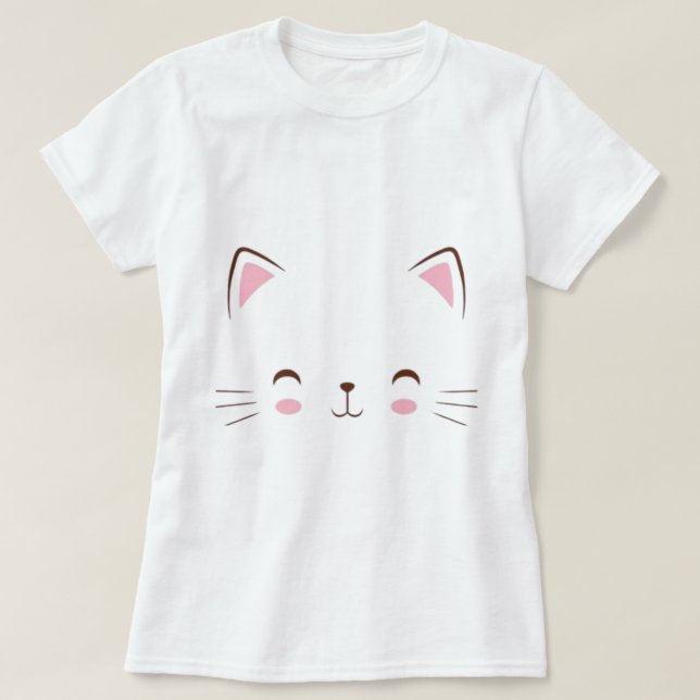 Cute Cat Face White T-Shirt - Casual Fashion for  (Design Front)