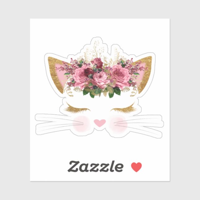 Cute Cat Face with Pink Flowers Vinyl Sticker (Sheet)