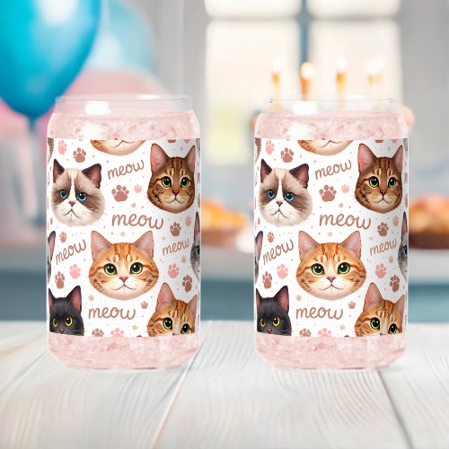 Cute cat faces and meow pattern, adorable cat love can glass