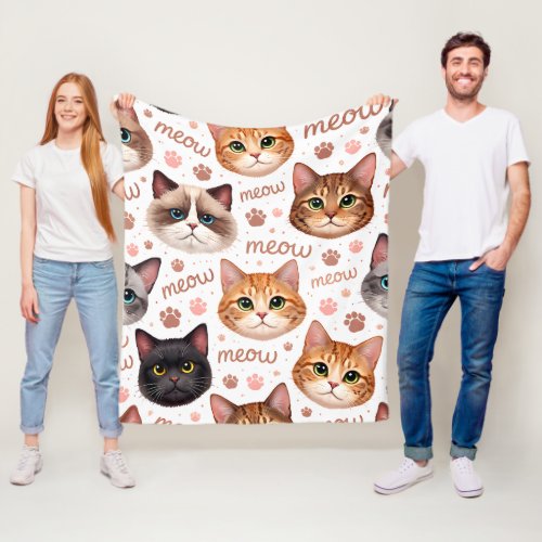 Cute cat faces and meow tech pattern soft fleece b blanket