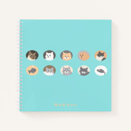 Cute Cat Faces Blue Spiral Notebook with Name