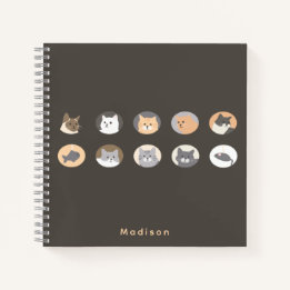 Cute Cat Faces Dark Gray Notebook with Name