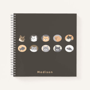 Cute Cat Faces Dark Gray Notebook with Name