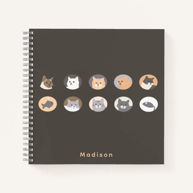 Cute Cat Faces Dark Gray Notebook with Name (Front)