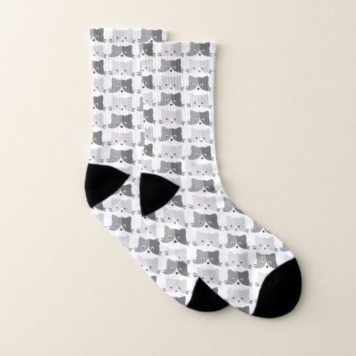 Cute Cat Faces Grey Cat Lovers Pattern Socks