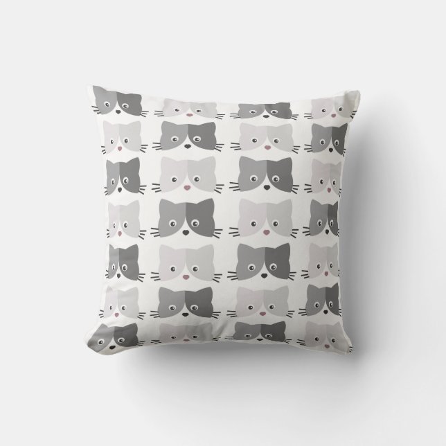 Cute Cat Faces Grey Cat Pattern Throw Pillow (Front)