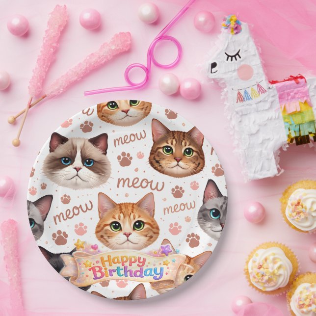 Cute cat faces happy birthday pattern adorable par paper plates (Party)