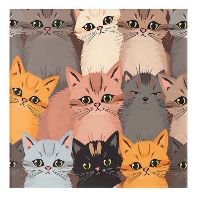 Cute Cat Faces Illustrated Pattern Acrylic Print (Front)