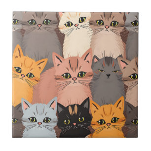 Cute Cat Faces Illustrated Pattern Ceramic Tile