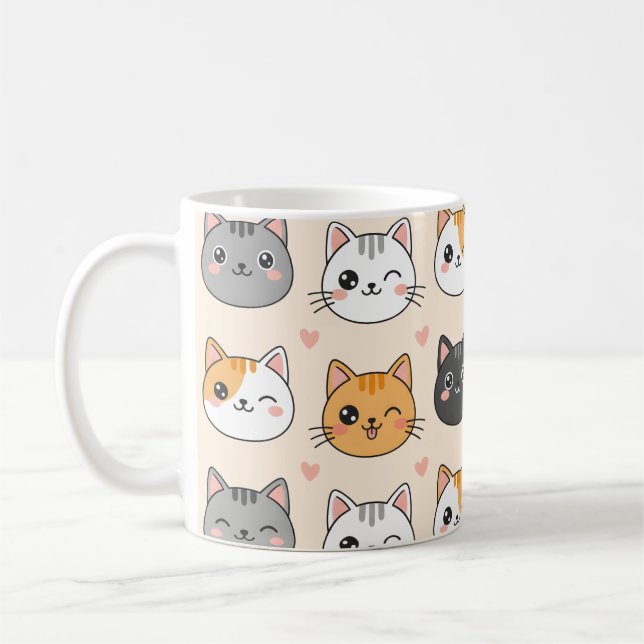 Cute Cat Faces Kawaii Cat Pattern  Coffee Mug (Left)