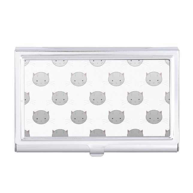 Cute Cat Faces Pattern Grey Business Card Holder (Front)