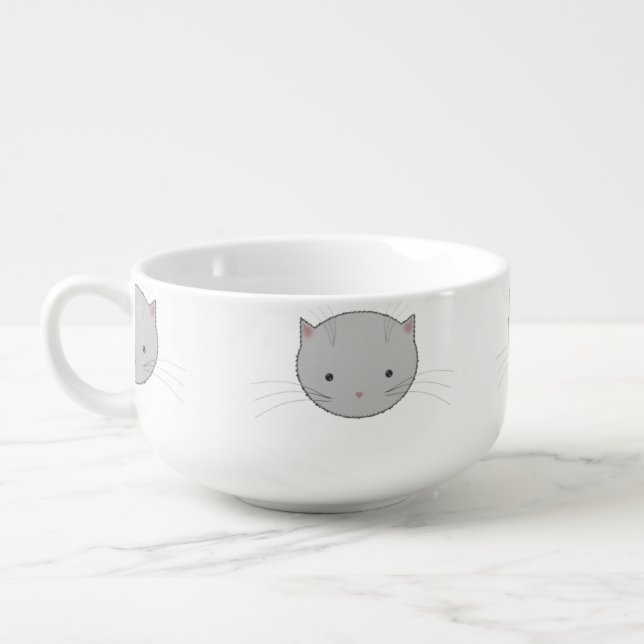 Cute Cat Faces Pattern Grey Soup Mug (Right)