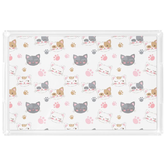 Cute cat faces smiling cats pattern acrylic tray (Front)