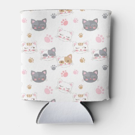 Cute Cat Faces Smiling Cats Pattern Can Cooler