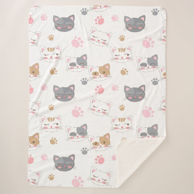 Cute cat faces smiling cats pattern sherpa blanket (Front)