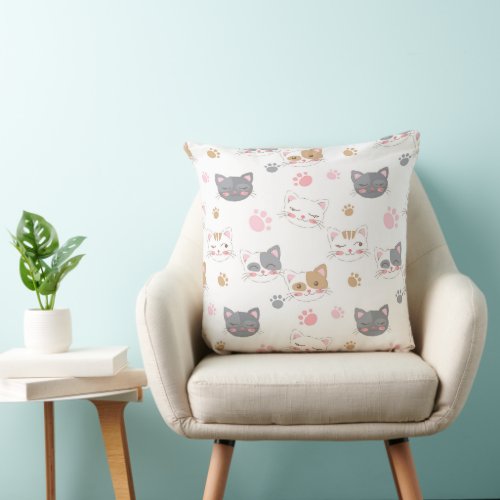 Cute cat faces smiling cats pattern throw pillow