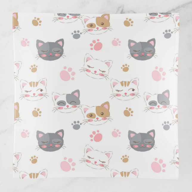 Cute cat faces smiling cats pattern trinket tray (Front)