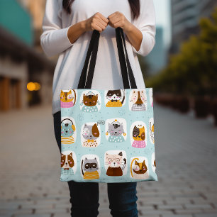 Cute Cat Faces Tote Bag, Colorful Pet Tote Bag