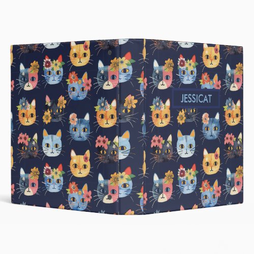 Cute Cat Faces with Flowers On Blue Background 3 Ring Binder