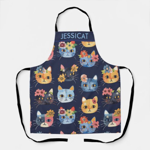 Cute Cat Faces with Flowers On Blue Background Apron