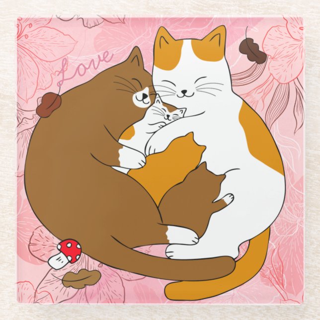 Cute Cat Family Glass Coaster (Front)