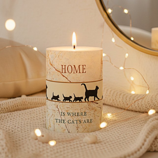 Cute Cat Family Kittens Pillar Candle (Candle featuring a cat mom with her kittens on an elegant marble tiled design)